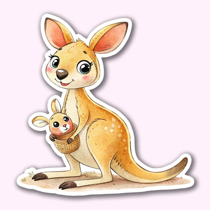 Cute Kangaroo & Baby Joey Sticker – Waterproof Vinyl Watercolor Animal Decal for Laptops, Water Bottles & Journals