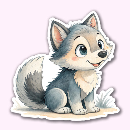 Cute Baby Wolf Sticker – Waterproof Vinyl Watercolor Wolf Decal for Laptops, Water Bottles & Journals