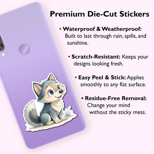 Cute Baby Wolf Sticker – Waterproof Vinyl Watercolor Wolf Decal for Laptops, Water Bottles & Journals