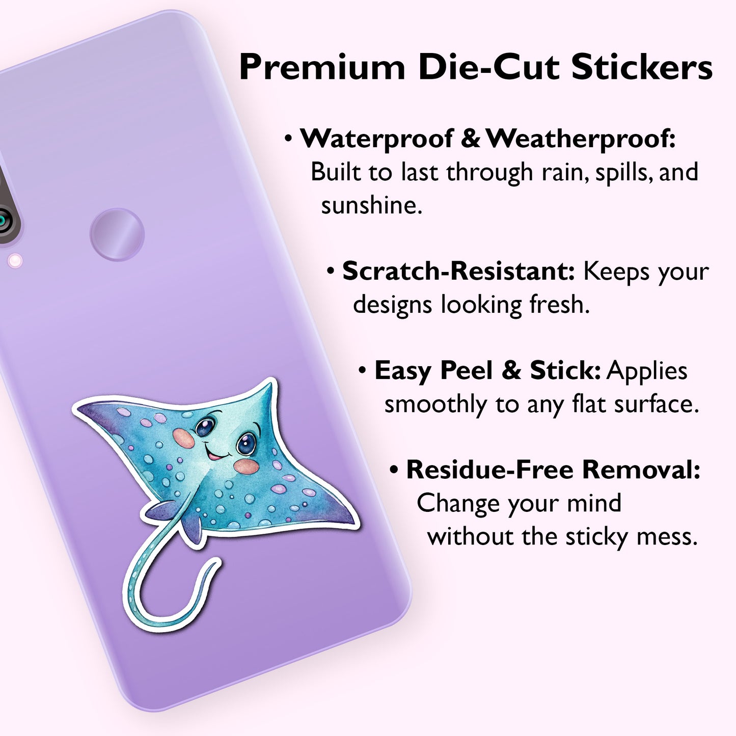 Cute Stingray Sticker – Waterproof Vinyl Watercolor Sea Ray Decal for Laptops, Water Bottles & Journals